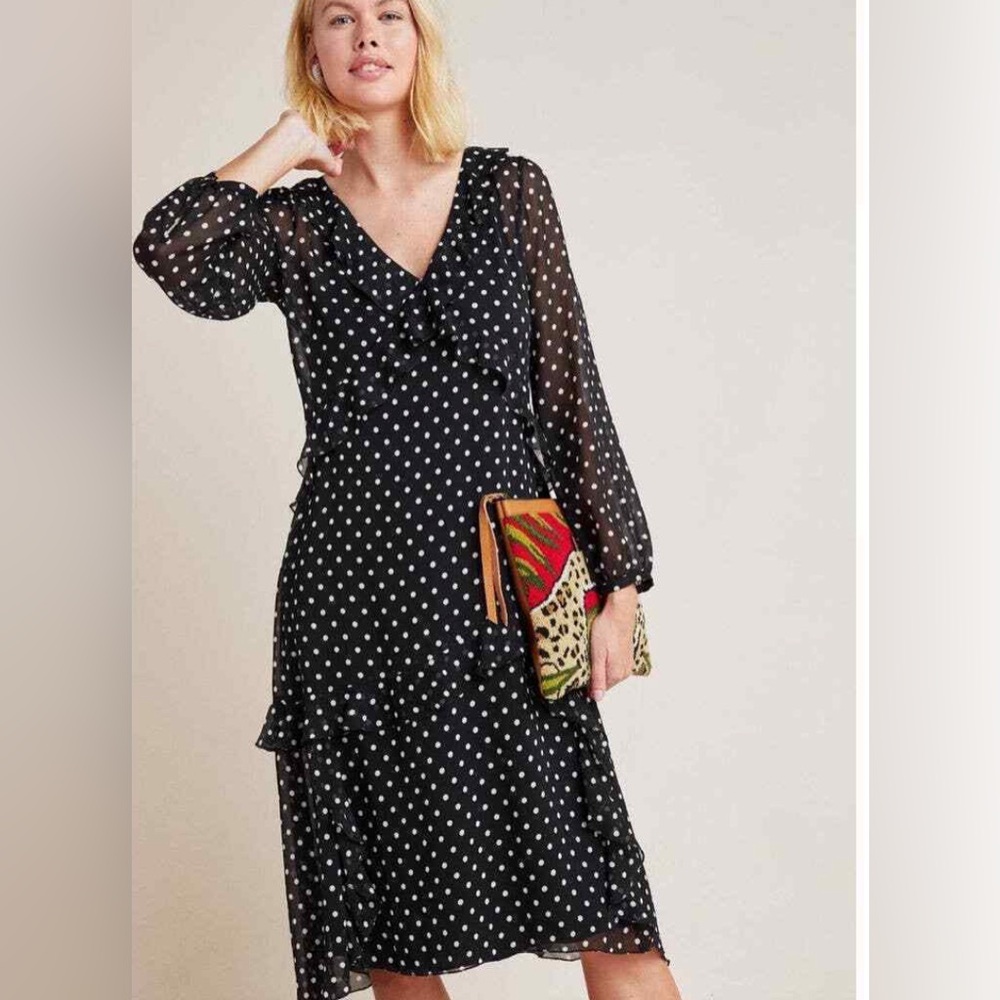 Anthropologie Maeve Polka Dots Ruffle Midi Dress Long Sheer Sleeves Medium New